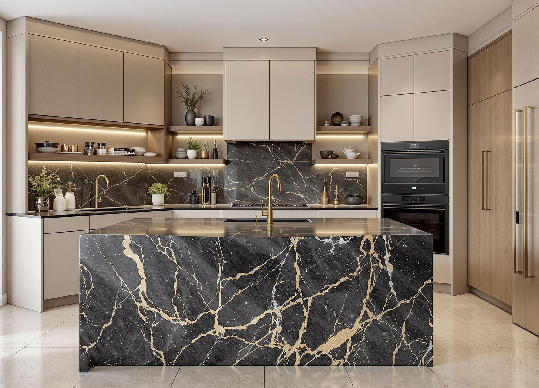 Luxury kitchen with black marble and gold accents by Herrera Brothers Construction